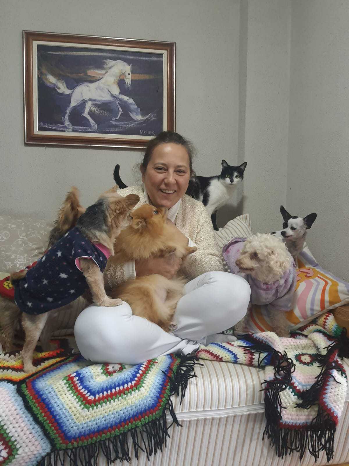 Na imagem, Carina está sentada em um sofá, coberto por uma manta colorida, rodeada por cinco cachorros e um gato. Ela veste uma roupa em tons branco e bege. Atrás dela, há um quadro com a pintura de um cavalo
